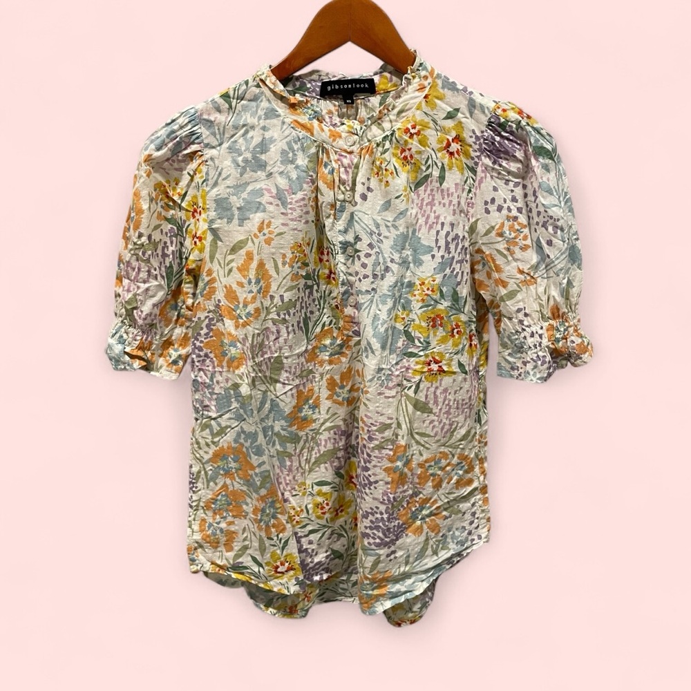Cute breezy cotton blend floral puff sleeve top ruffle button collar dreamy